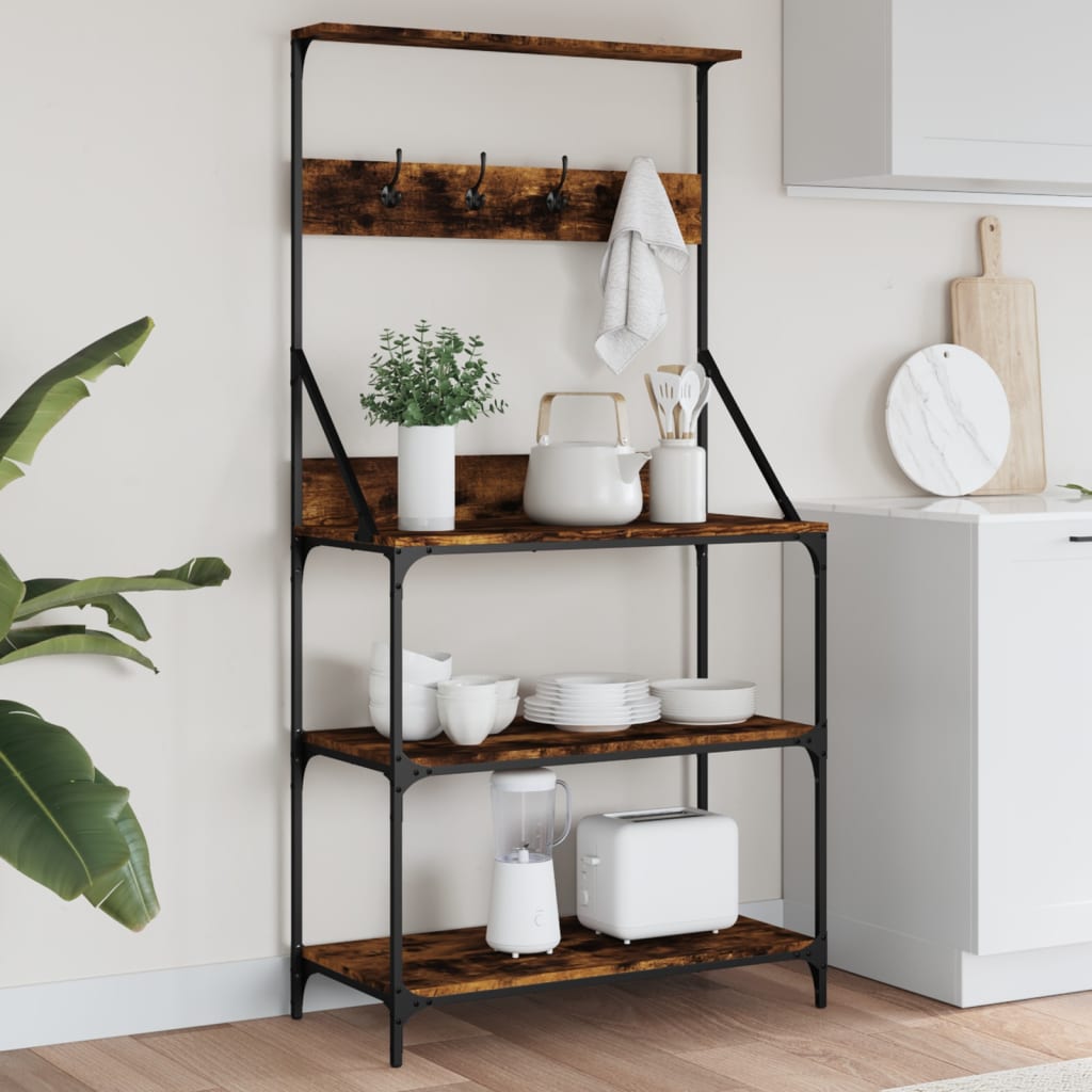 Baker's shelf with hooks 4 shelves smoked oak wood material