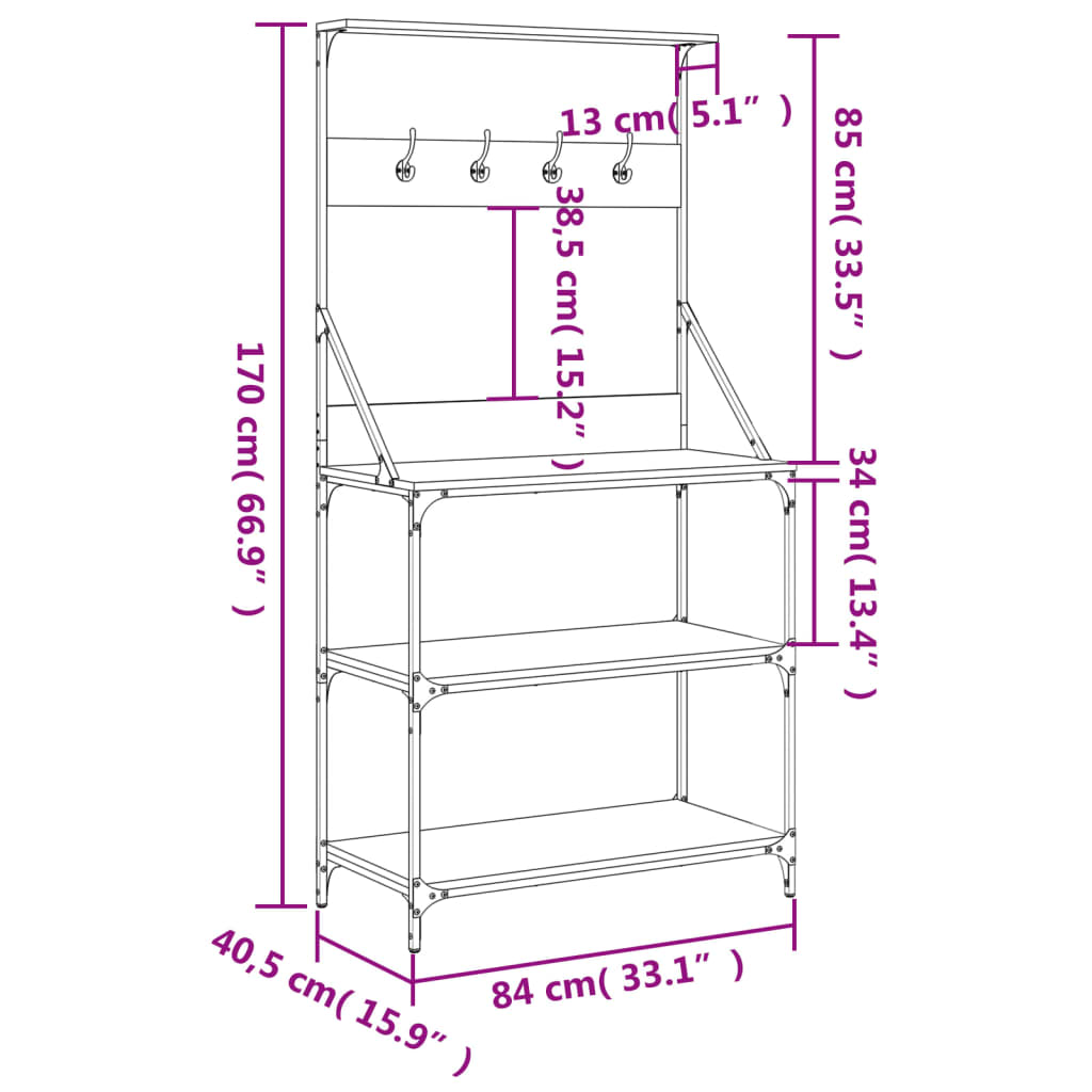 Baker's rack with hooks 4 shelves gray Sonoma wood material