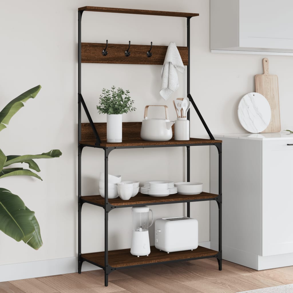 Baker's shelf with hooks 4 shelves brown oak look wood material