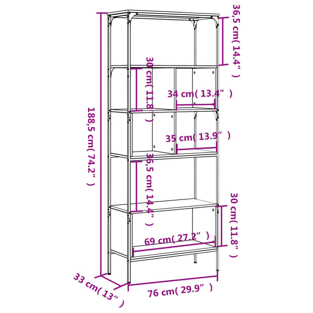 Bookcase 5 Shelves Black 76x33x188.5 cm Wood Material
