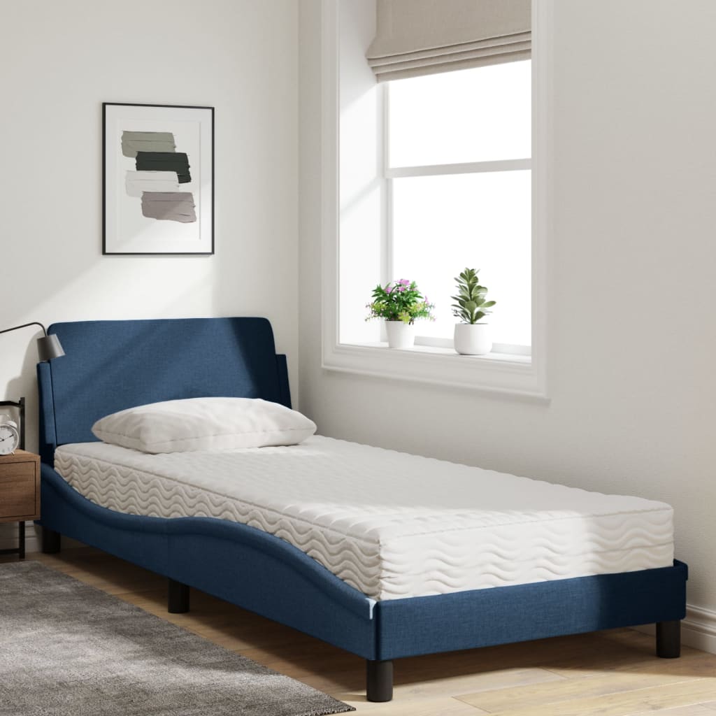 Bed with mattress blue 90x190 cm fabric