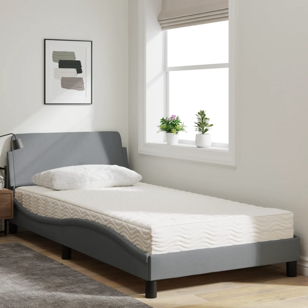 Bed with mattress light grey 100x200 cm fabric