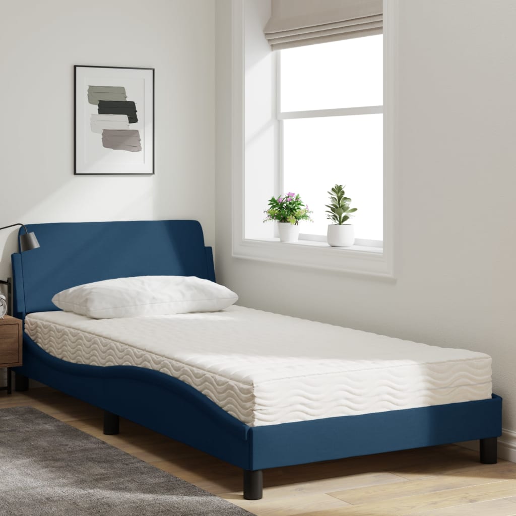 Bed with mattress blue 100x200 cm fabric