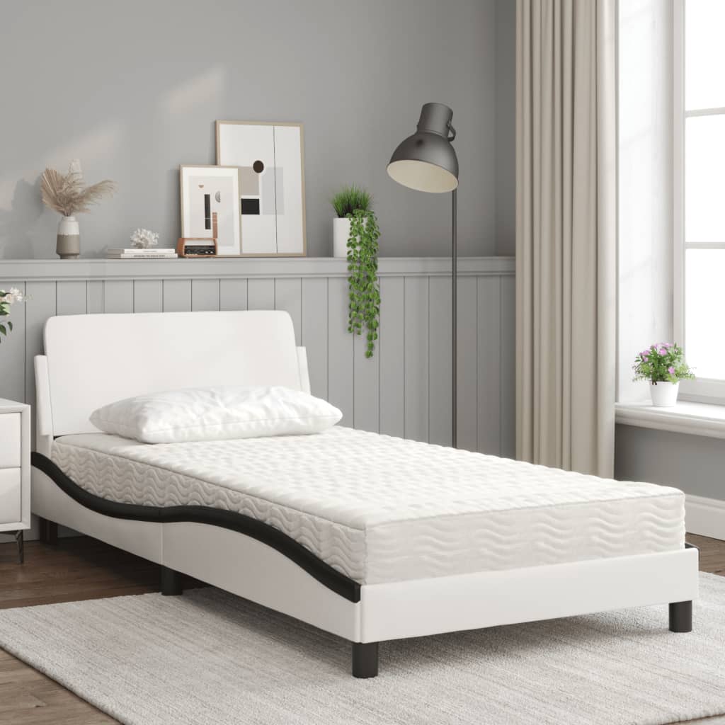 Bed with mattress white and black 100x200 cm artificial leather