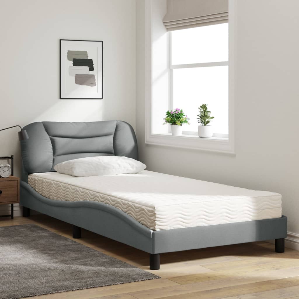 Bed with mattress light grey 100x200 cm fabric