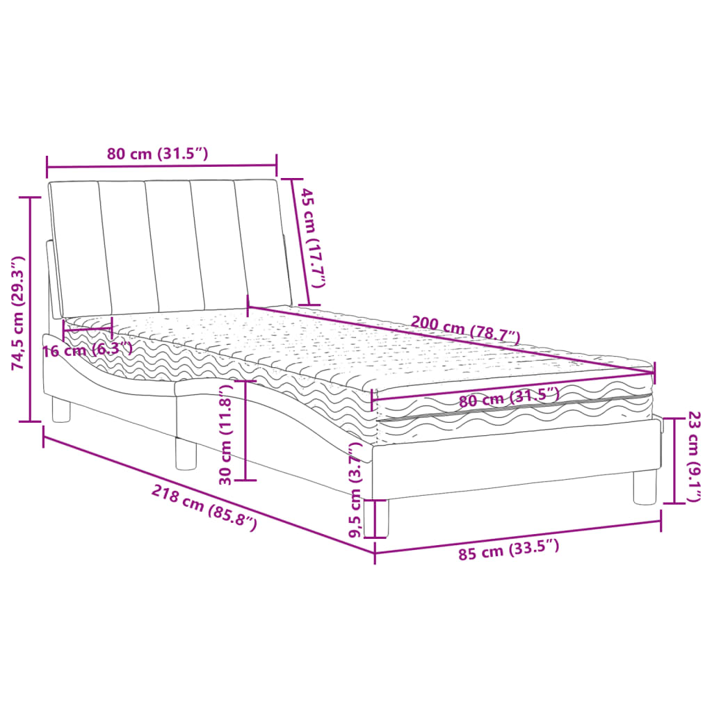 Bett mit Matratze "Hanko" Hellgrau 80x200 cm Samt