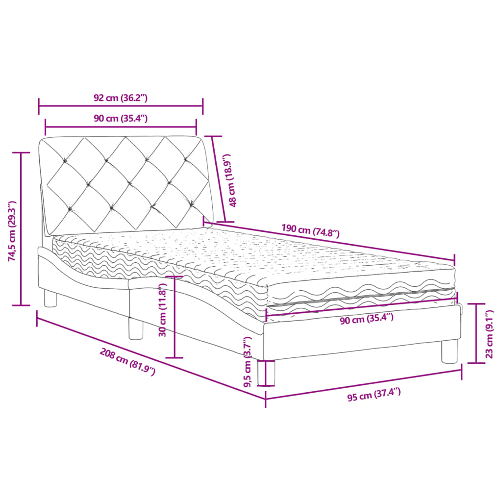 Bed with mattress blue 90x190 cm velvet