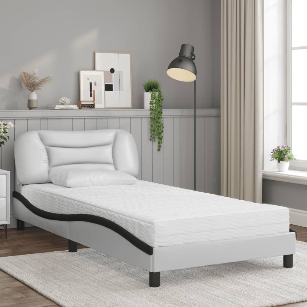 Bed with mattress white and black 100x200 cm artificial leather