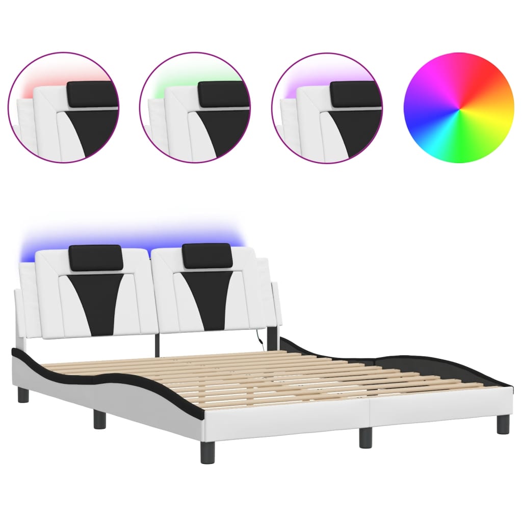 Bed frame with LED white and black 160x200 cm artificial leather