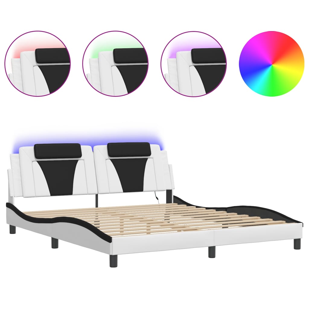 Bed frame with LED white and black 180x200 cm artificial leather
