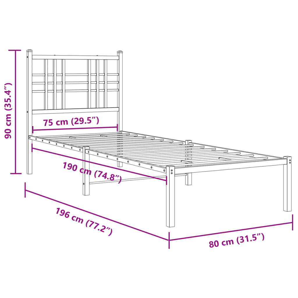 Bed frame with headboard metal black 75x190 cm
