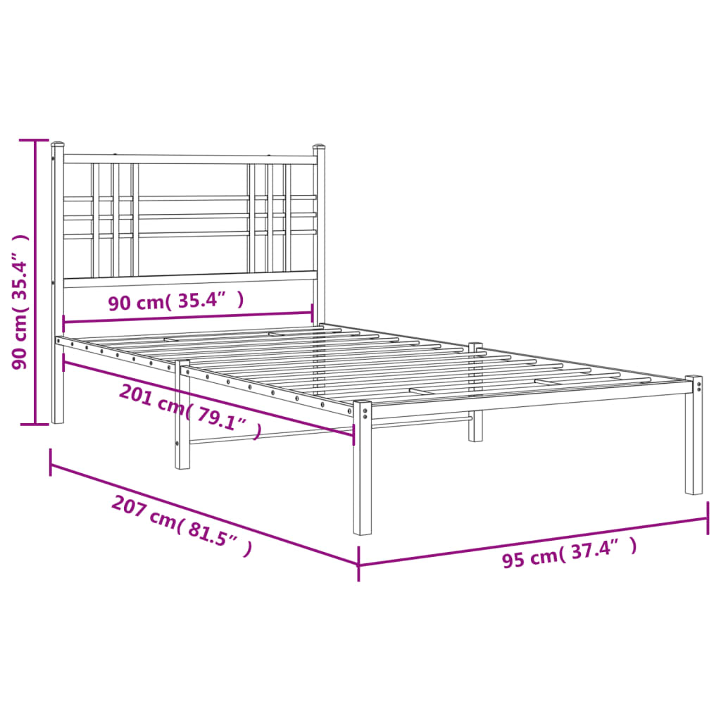 Bed frame with headboard metal black 90x200 cm