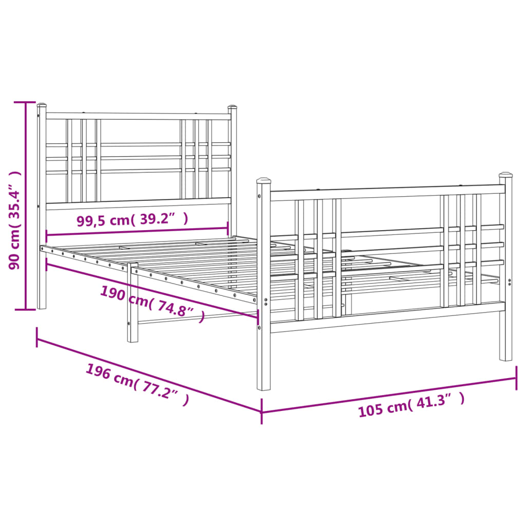 Bed frame with head and footboard metal black 100x190 cm