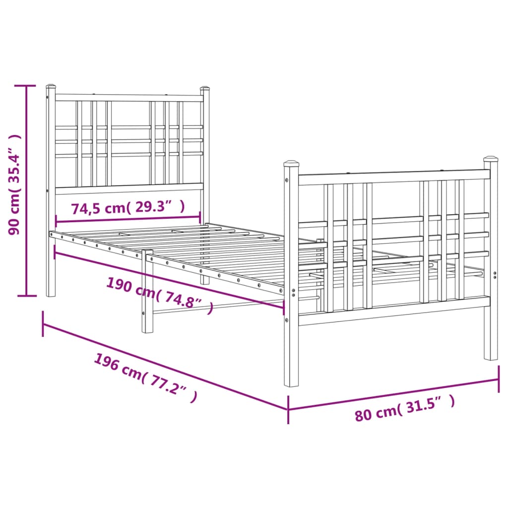 Bed frame with head and footboard metal white 75x190 cm