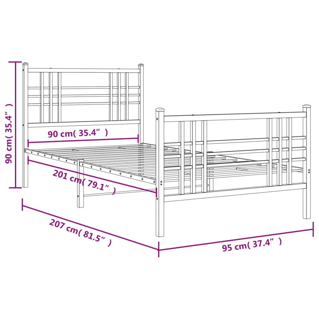 Bed frame with head and footboard metal white 90x200 cm