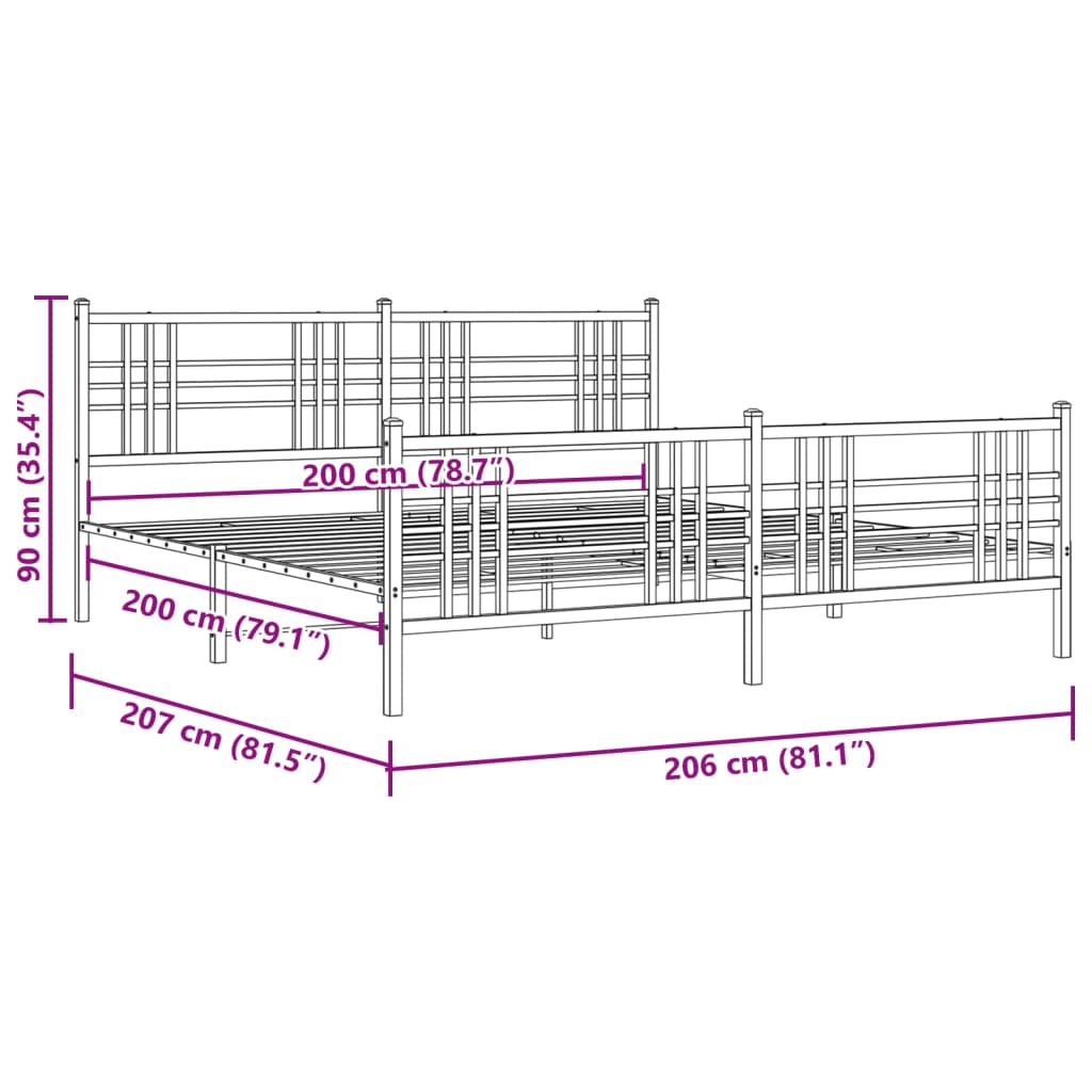 Bed frame with head and footboard metal white 200x200 cm