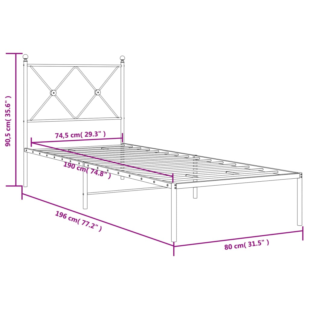 Bed frame with headboard metal black 75x190 cm