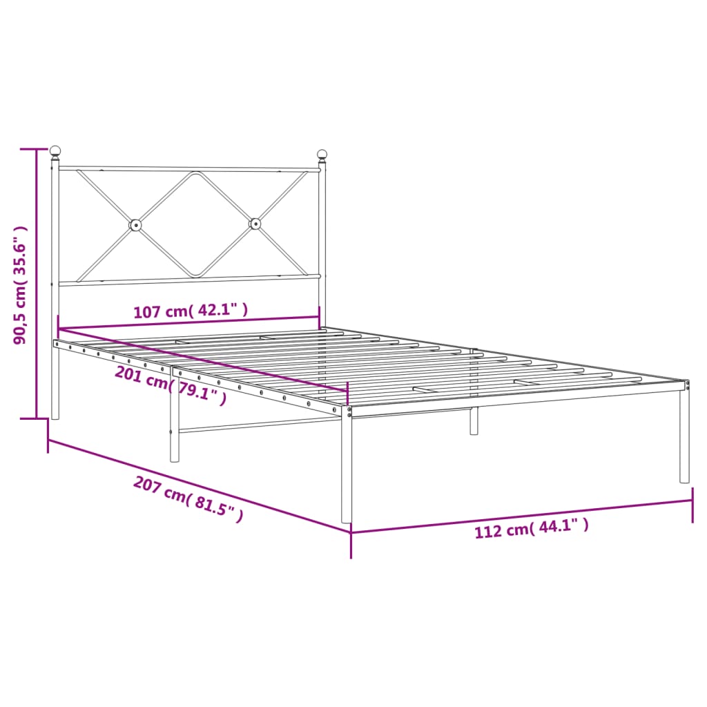 Bed frame with headboard metal white 107x203 cm