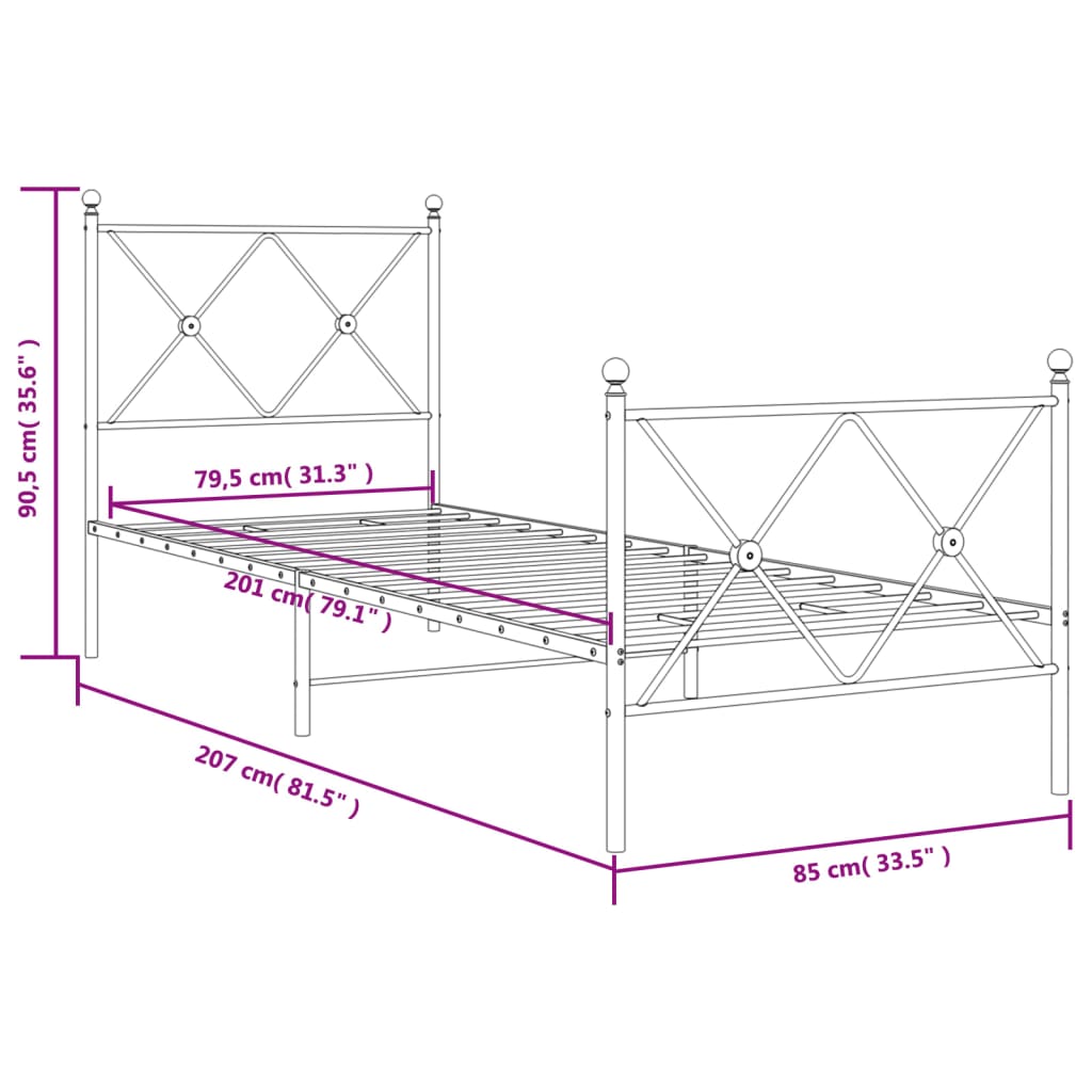 Bed frame with head and footboard metal white 80x200 cm