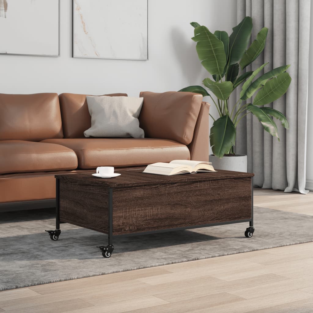 Coffee table with wheels brown oak 91x55x34 cm wood material