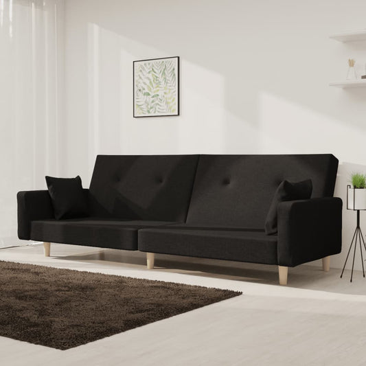 Sofa Bed 2-Seater with 2 Pillows Black Fabric