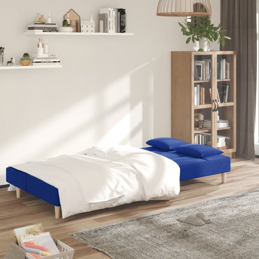 Canapé lit 2 places avec 2 coussins tissu bleu