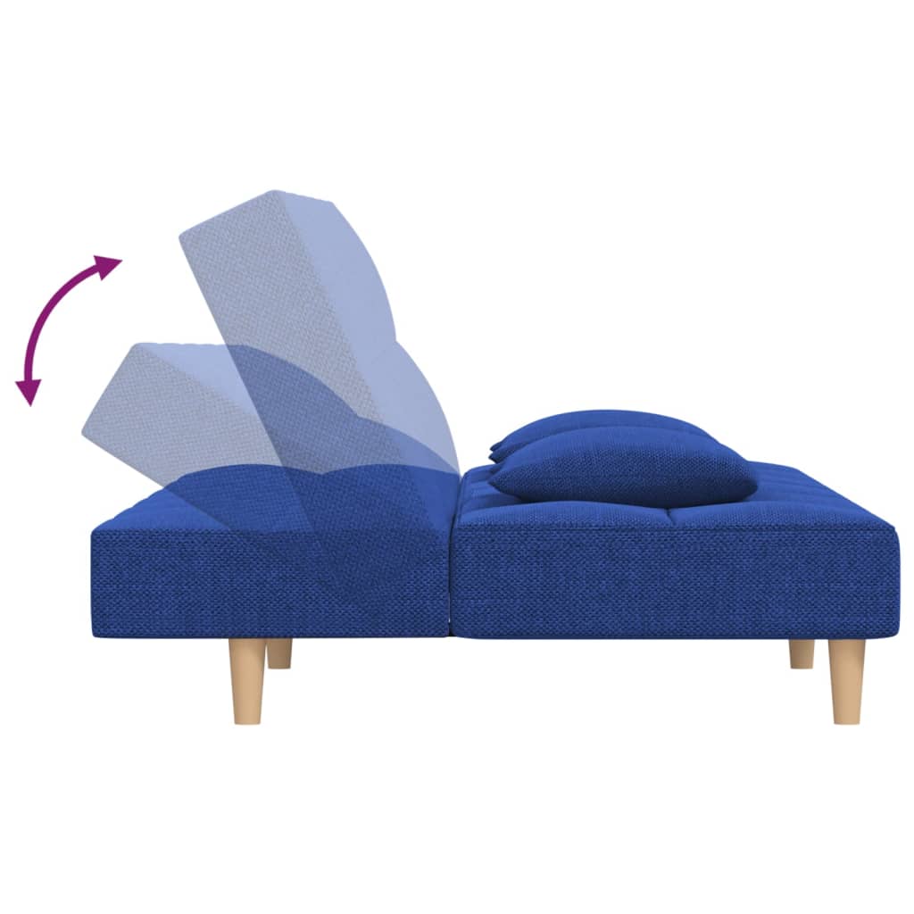 Canapé lit 2 places avec 2 coussins tissu bleu