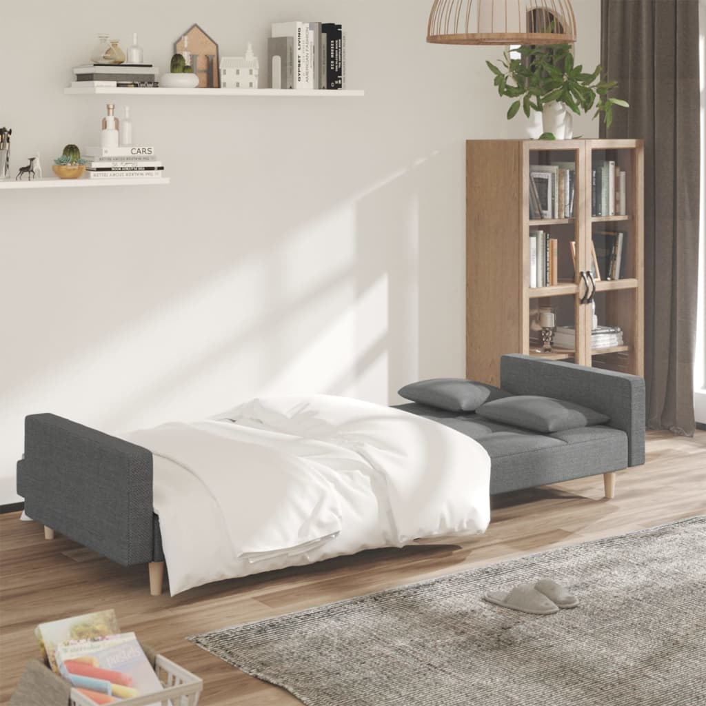 Canapé lit 2 places avec 2 coussins tissu gris clair
