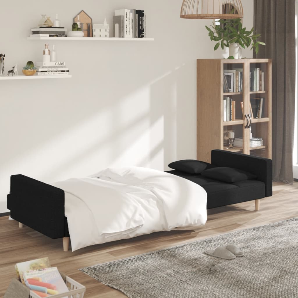 Canapé lit 2 places avec 2 oreillers tissu noir