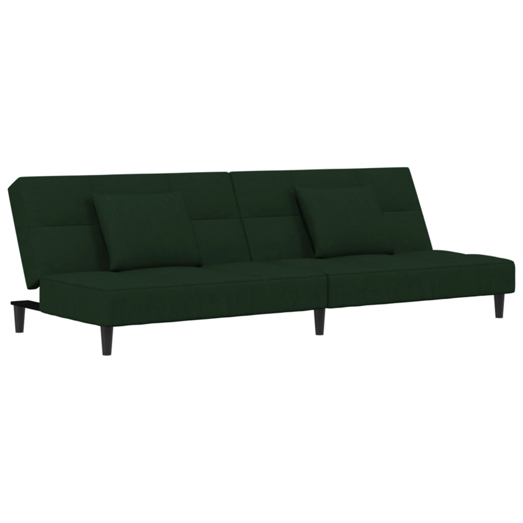 Canapé convertible 2 places avec 2 coussins en velours vert foncé