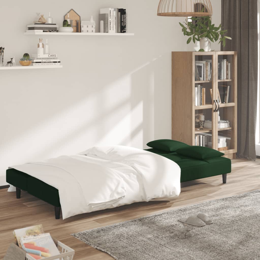Canapé convertible 2 places avec 2 coussins en velours vert foncé