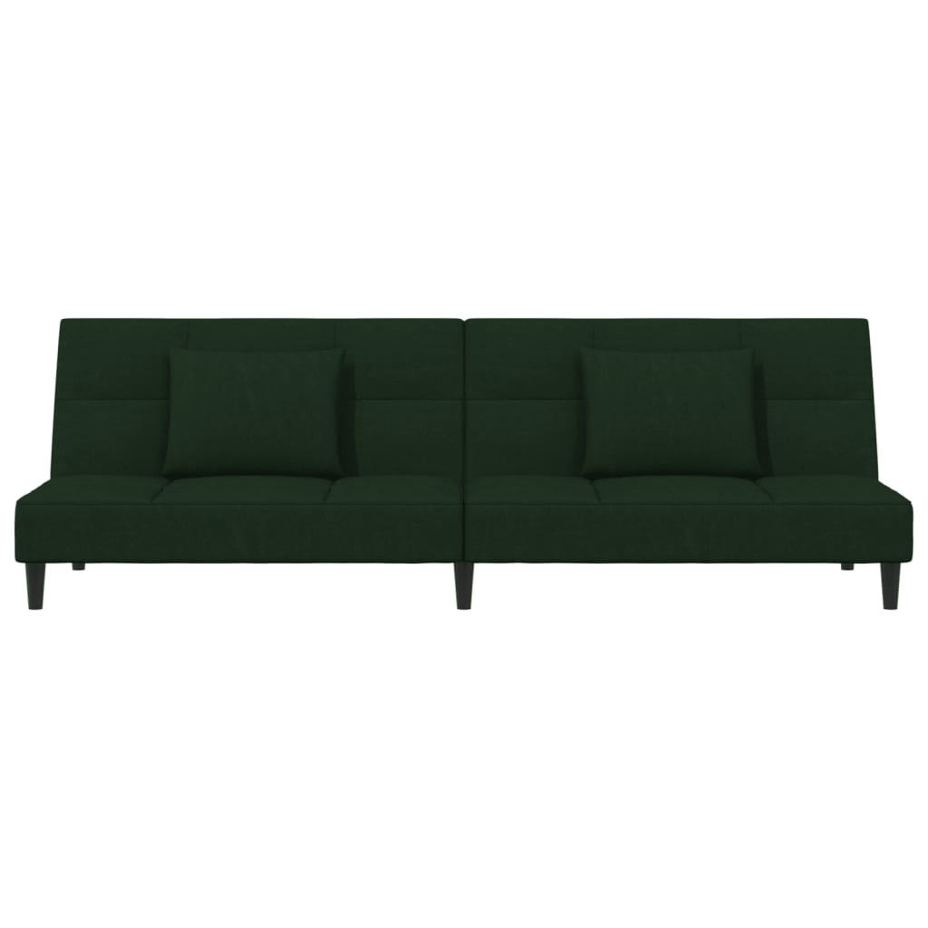 Canapé convertible 2 places avec 2 coussins en velours vert foncé