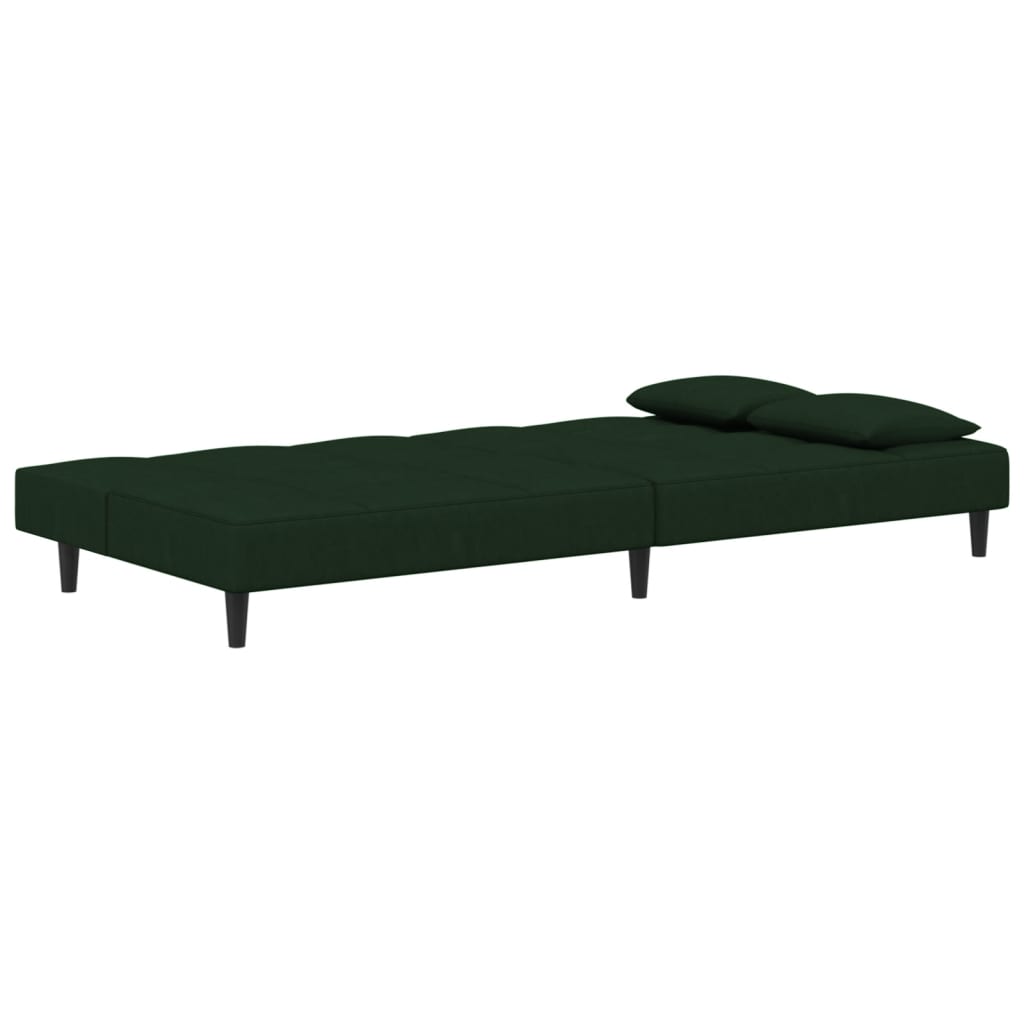 Canapé convertible 2 places avec 2 coussins en velours vert foncé