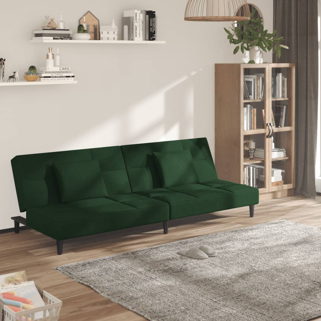 Canapé convertible 2 places avec 2 coussins en velours vert foncé