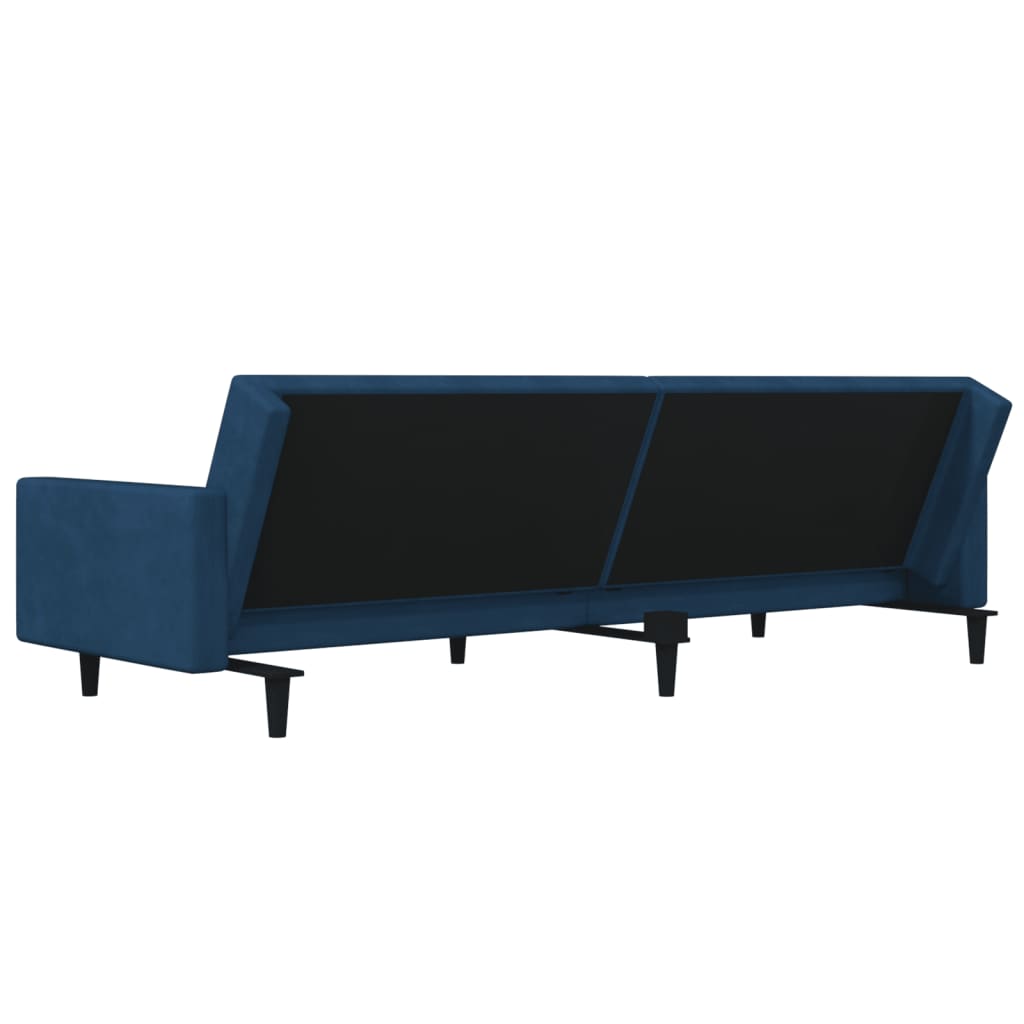 Canapé convertible 2 places avec 2 coussins en velours bleu