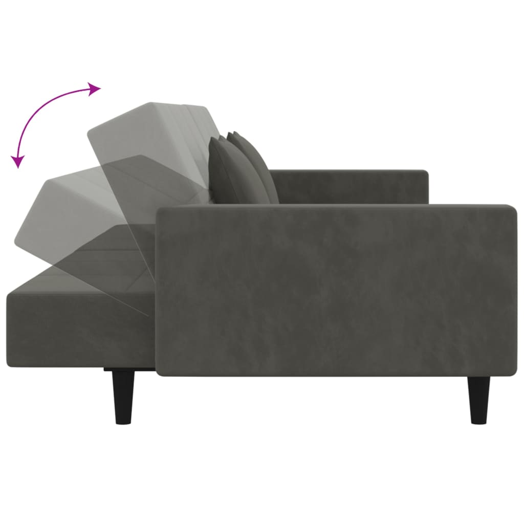 Canapé lit 2 places avec 2 coussins velours gris foncé