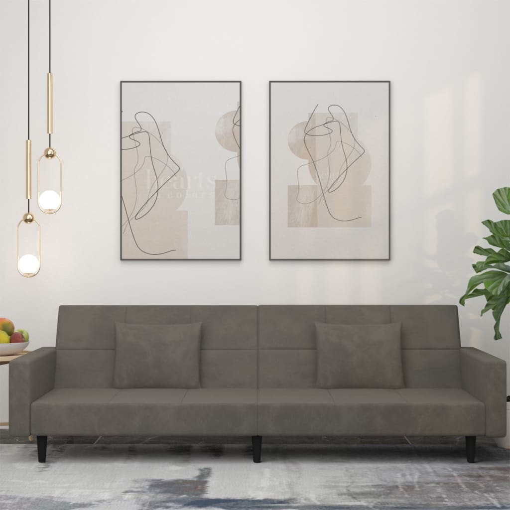 Canapé lit 2 places avec 2 coussins velours gris foncé