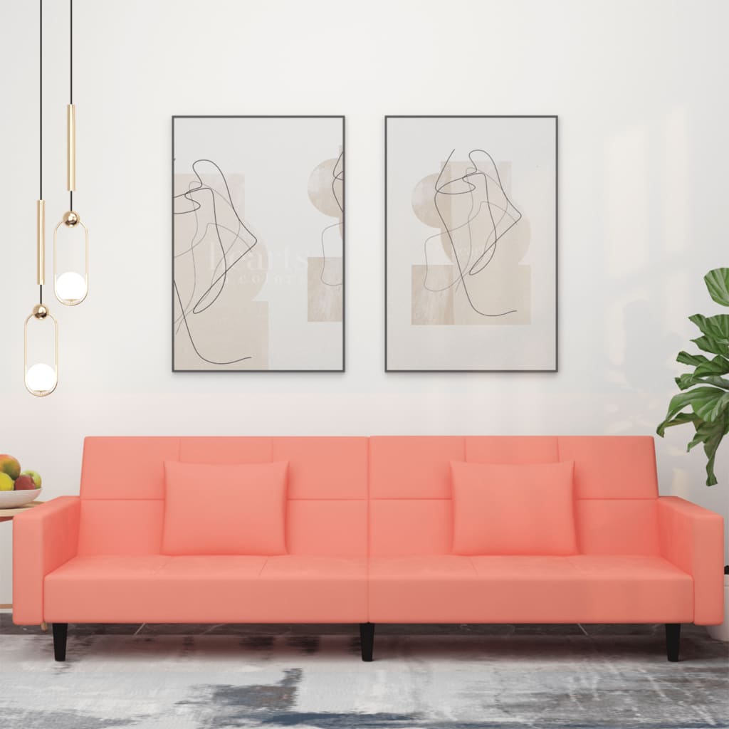 Canapé lit 2 places avec 2 oreillers velours rose