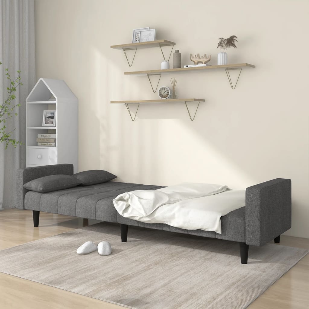 Canapé lit 2 places avec 2 coussins tissu gris clair