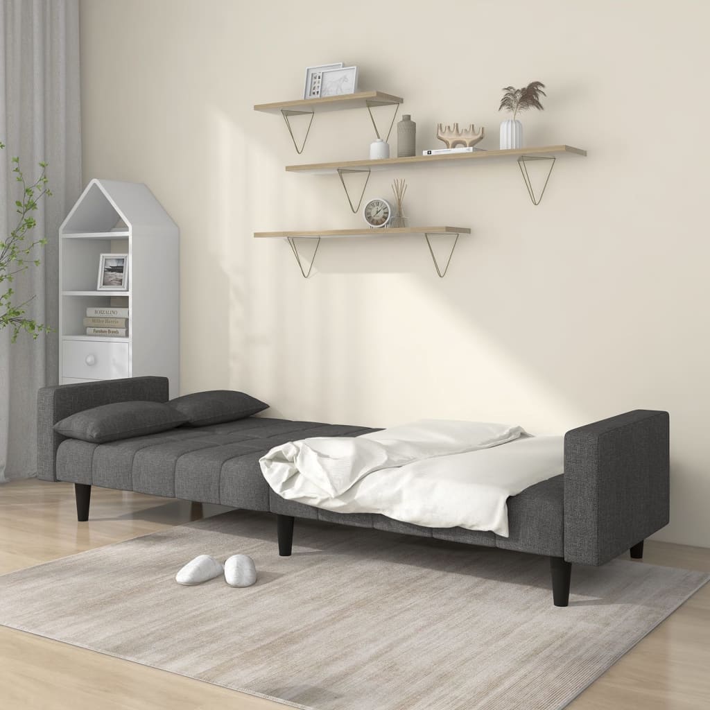 Canapé lit 2 places avec 2 coussins tissu gris foncé