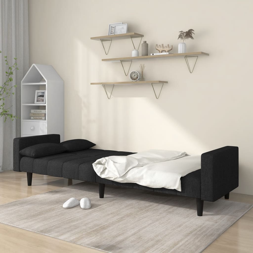 Canapé lit 2 places avec 2 oreillers tissu noir