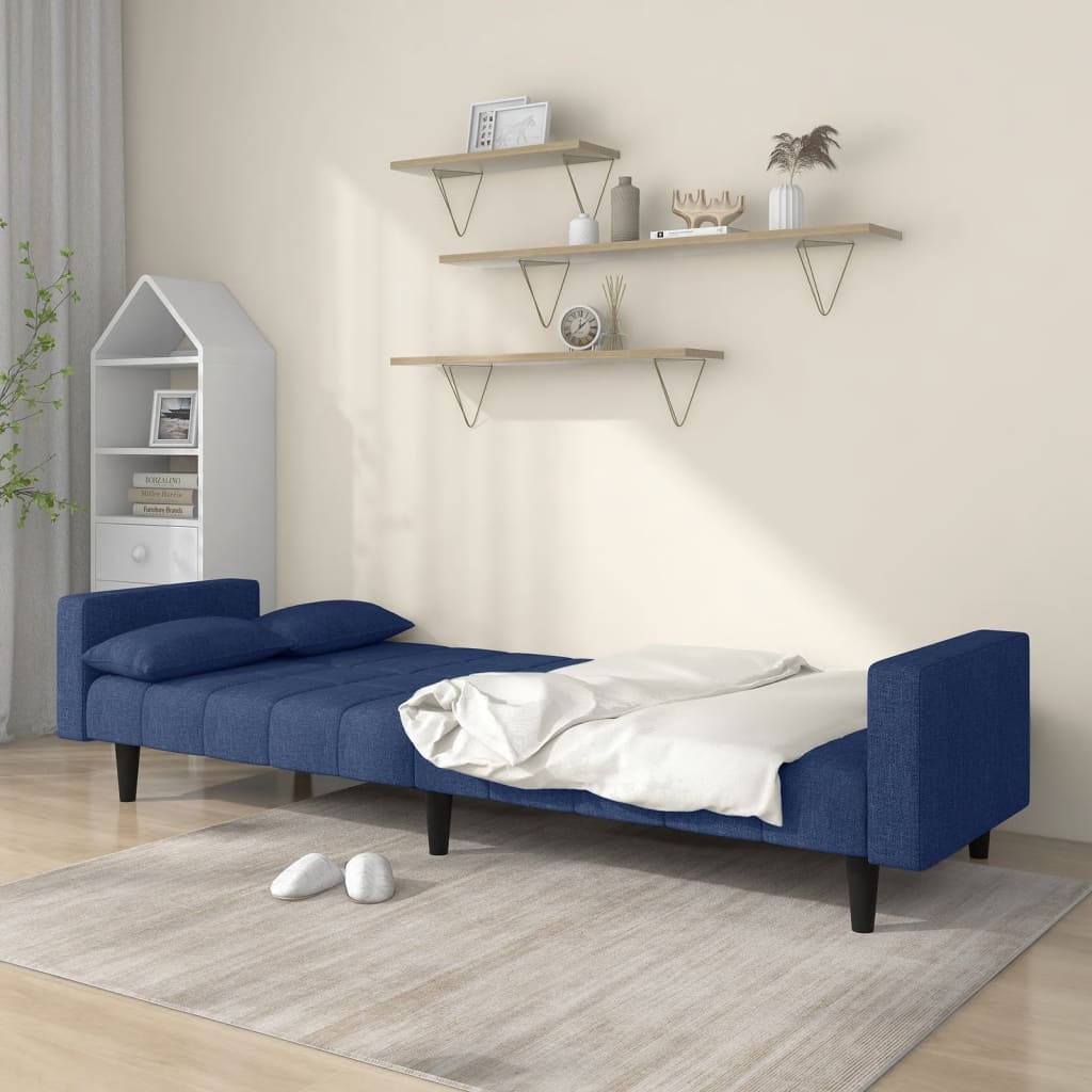 Canapé lit 2 places avec 2 coussins tissu bleu