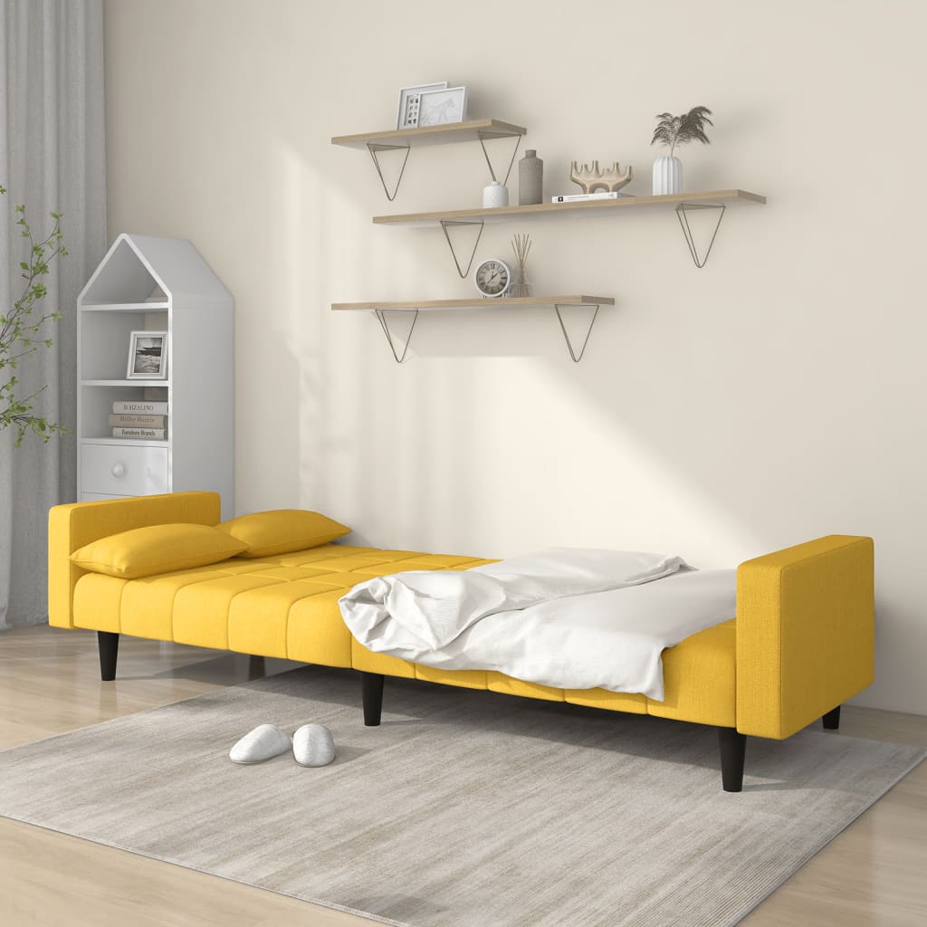 Canapé convertible 2 places avec 2 coussins en tissu jaune