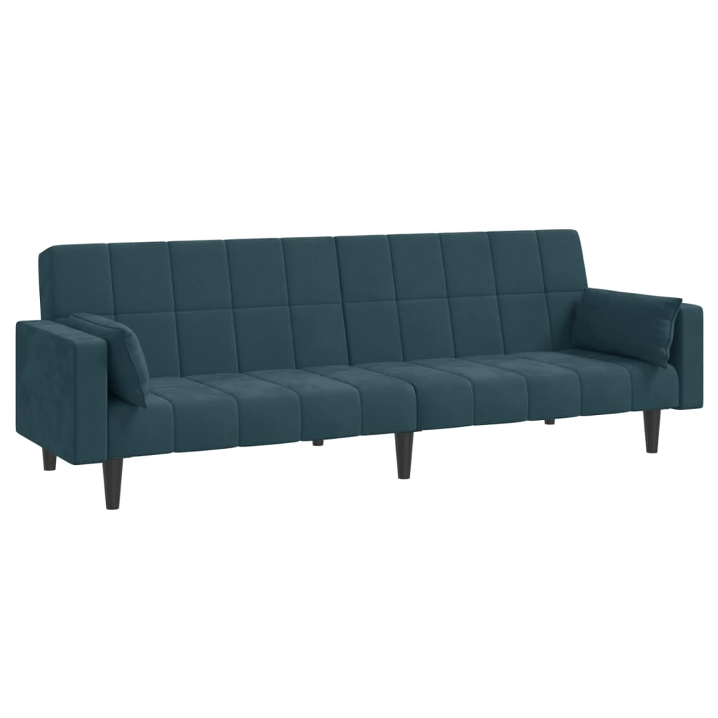 Canapé convertible 2 places avec 2 coussins en velours bleu