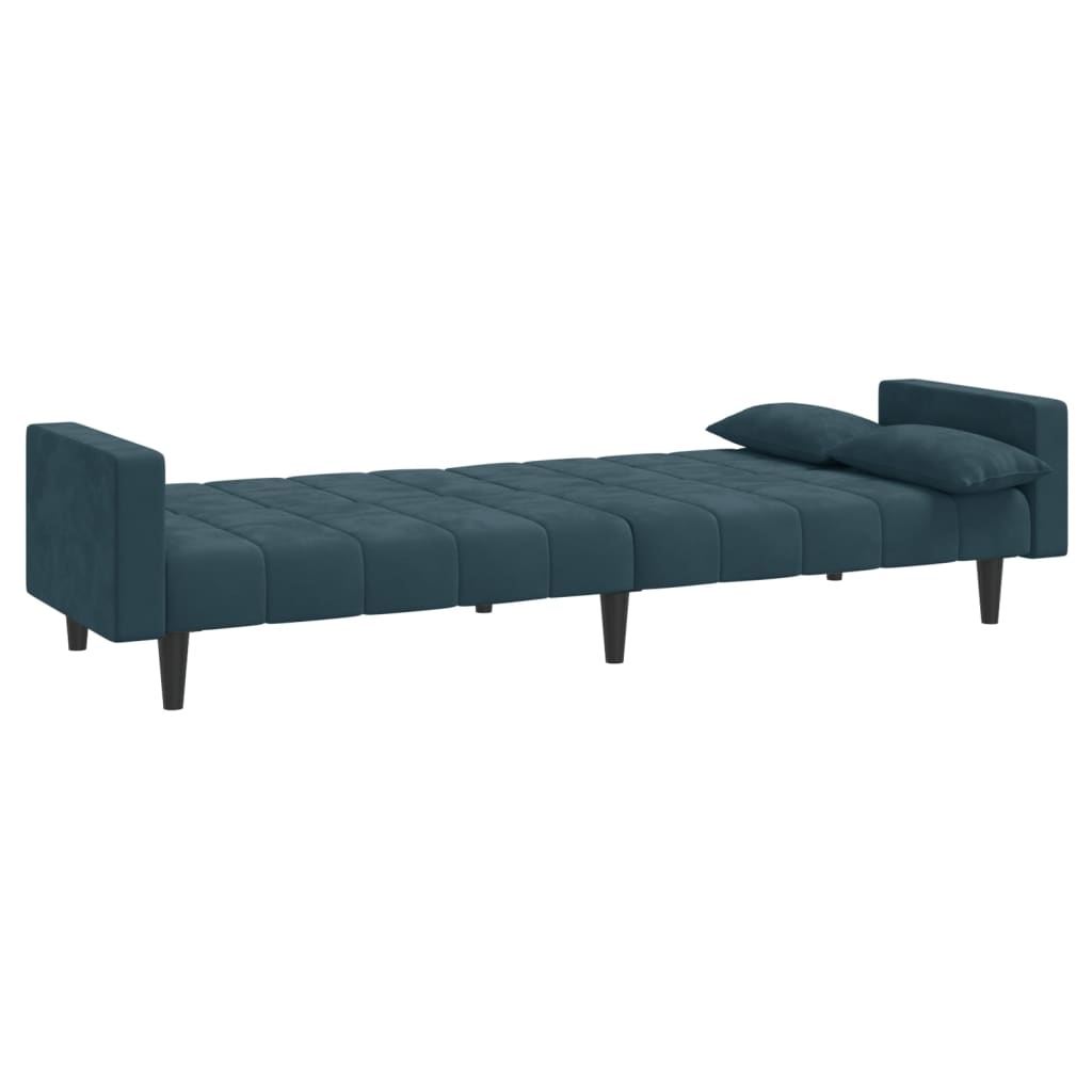 Canapé convertible 2 places avec 2 coussins en velours bleu