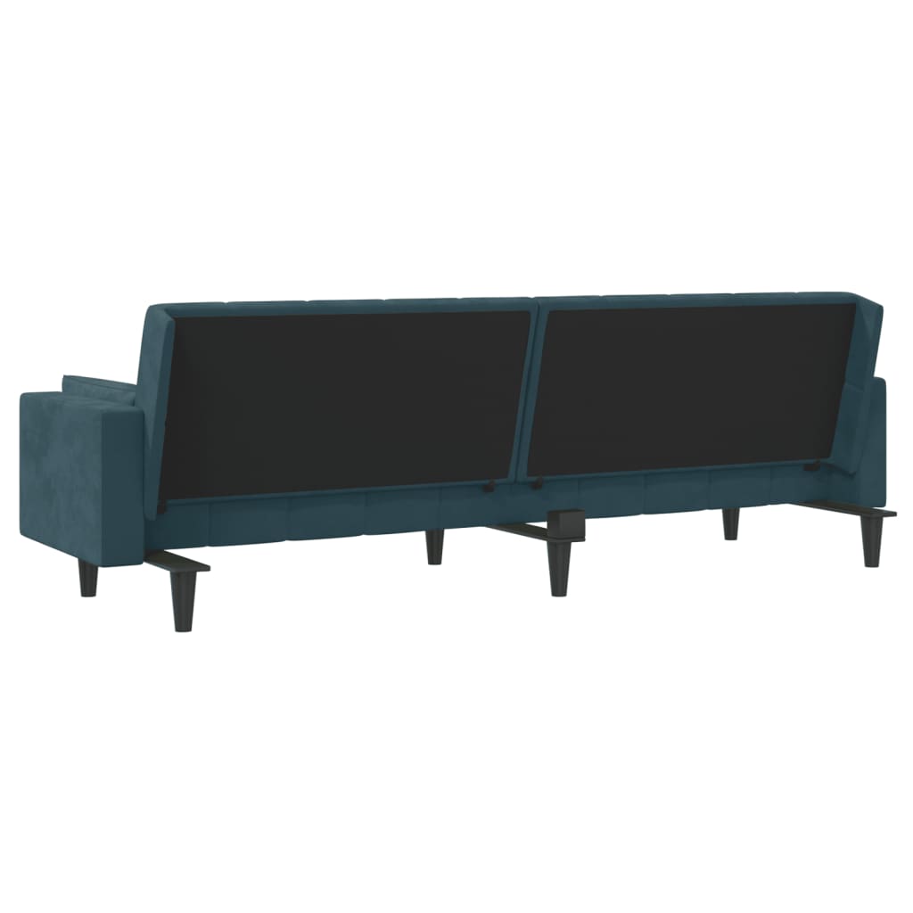 Canapé convertible 2 places avec 2 coussins en velours bleu