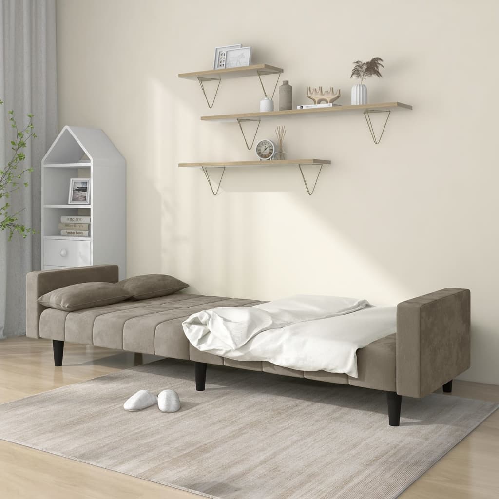 Canapé lit 2 places avec 2 coussins en velours gris clair