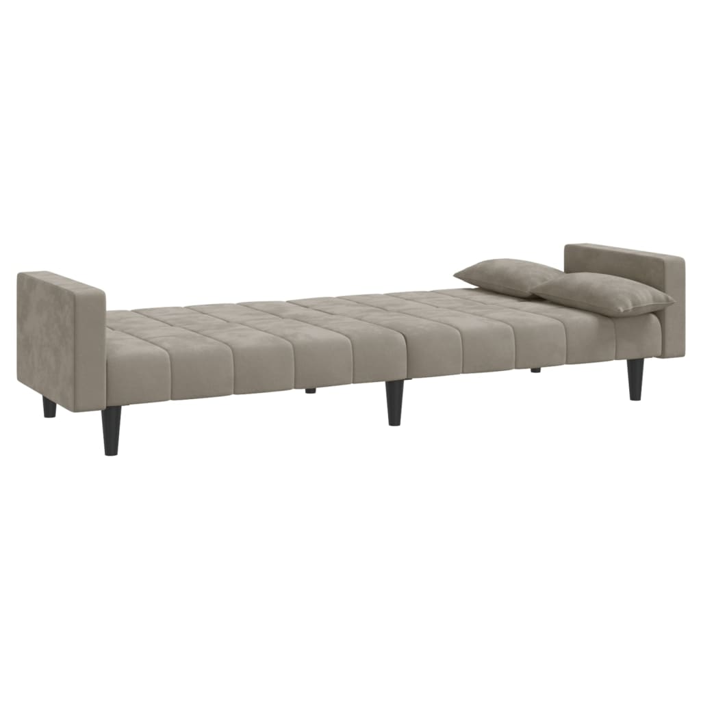 Canapé lit 2 places avec 2 coussins en velours gris clair