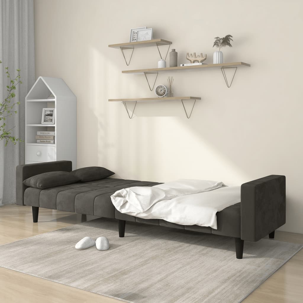 Canapé lit 2 places avec 2 coussins velours gris foncé