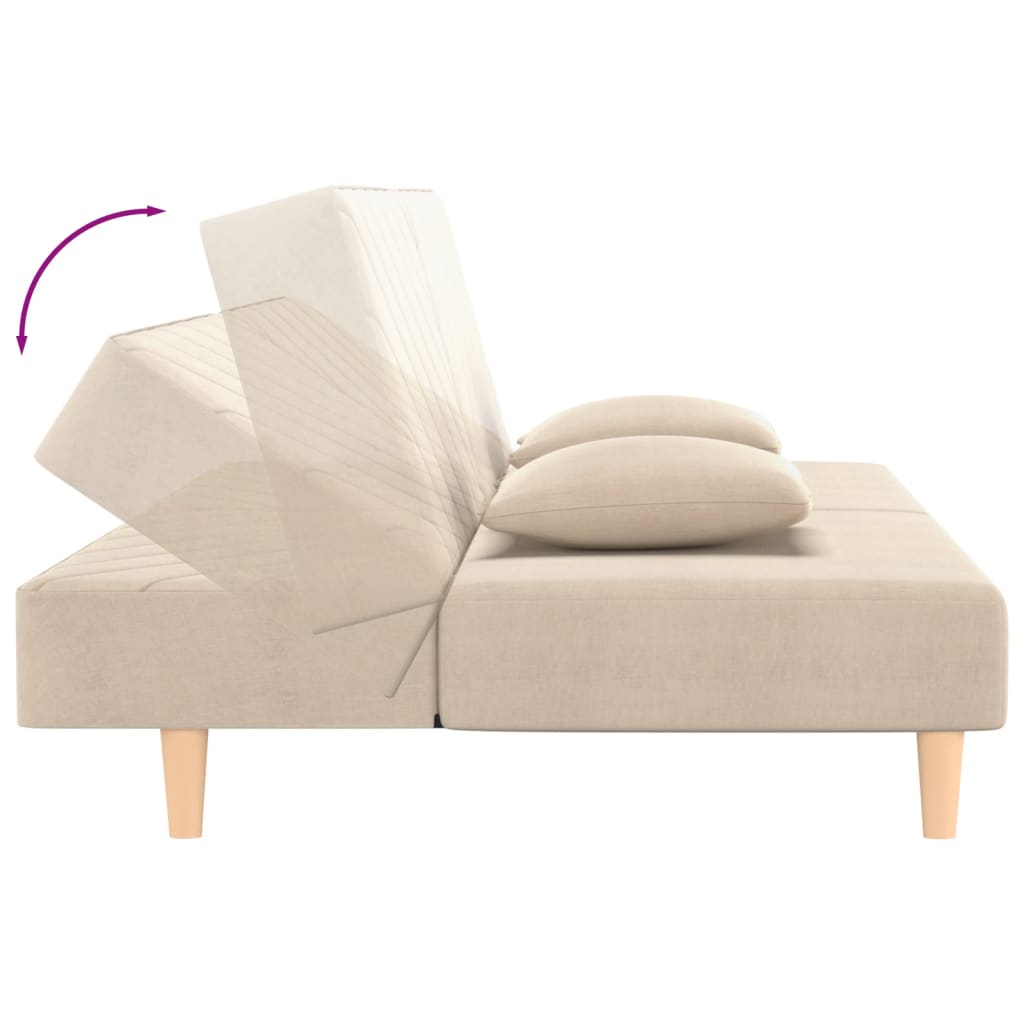 Canapé convertible 2 places avec 2 coussins en tissu crème